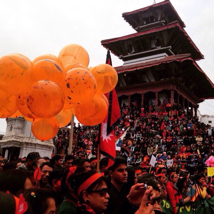One Billion Rising: Revolution Nepal at Hanuman-dhoka Durbar Square. The program included a flashmob, a self-defense demonstration, songs and street theater. 