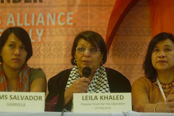 Keynote speaker: Leila Khaled, of the Palestinian Women's Union (joined by Joms Salvador on the left, GABRIELA Secretary General and Liza Maza, IWA Chairperson)
